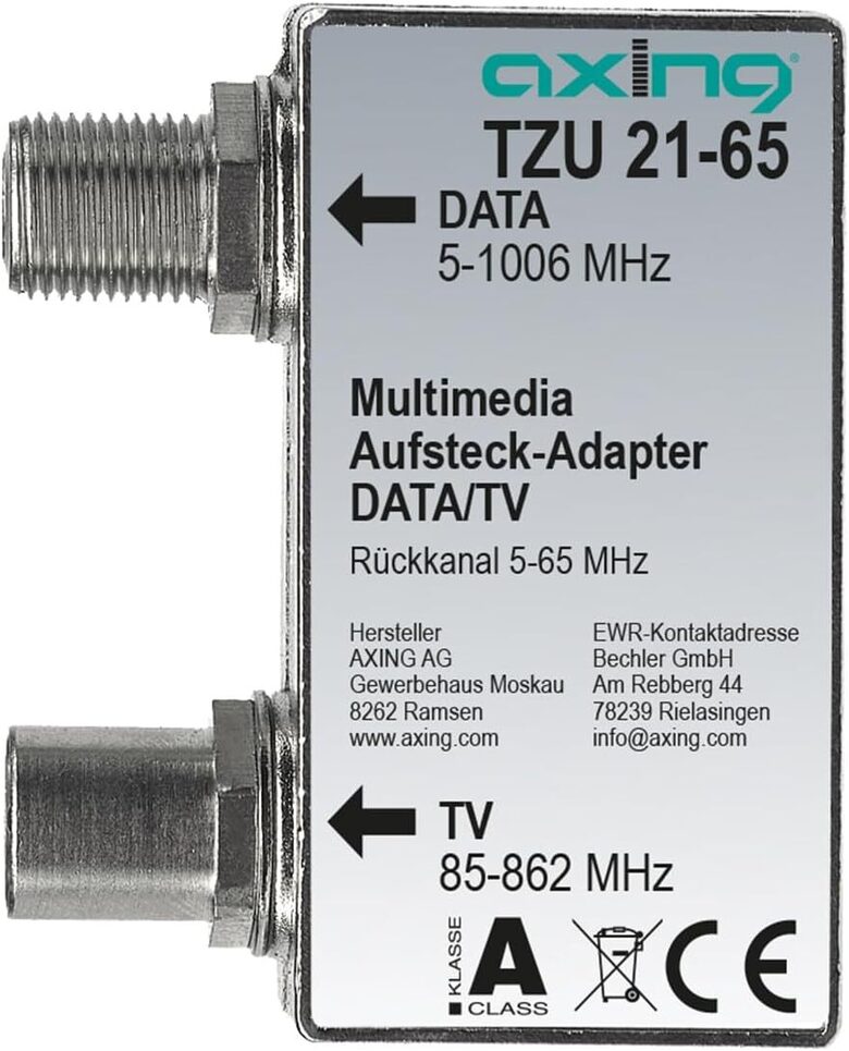 Axing TZU 21-65 multimediju spraudņa adapteris sadalītājs/apvienotājs, TV antena kabeļu modemam