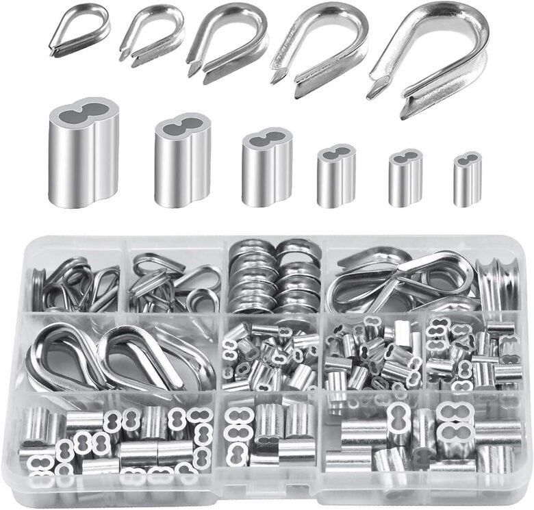 250pcs Wire Rope Sleeve Set, Wire Rope Aluminum Cable Wire Loop Sleeve Clips