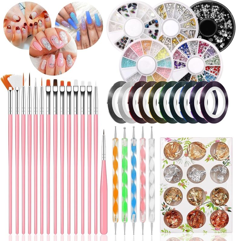 Набор для дизайна ногтей из 47 предметов: маникюрный, педикюрный, кисти, ручка, стразы, декоративная лента, наклейки