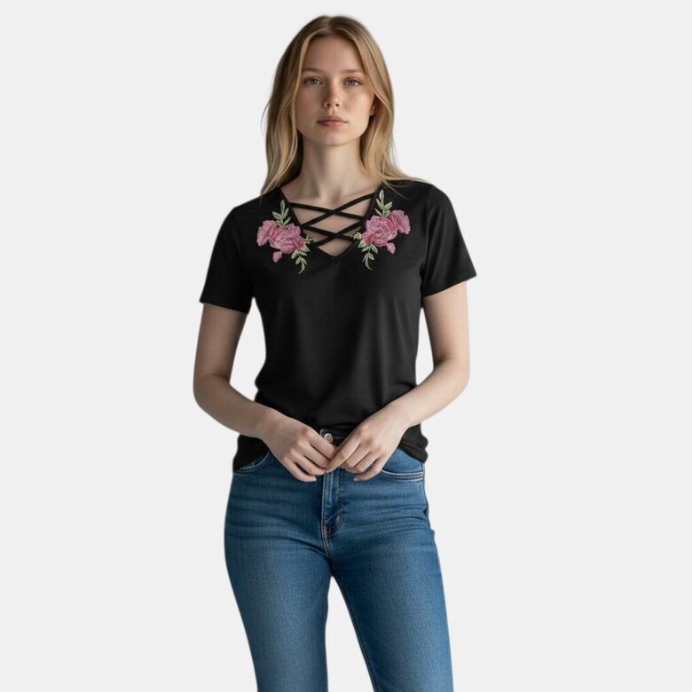 BodyFlirt melns T-krekls ar izšūtiem ziediem, izmērs XXS/XS