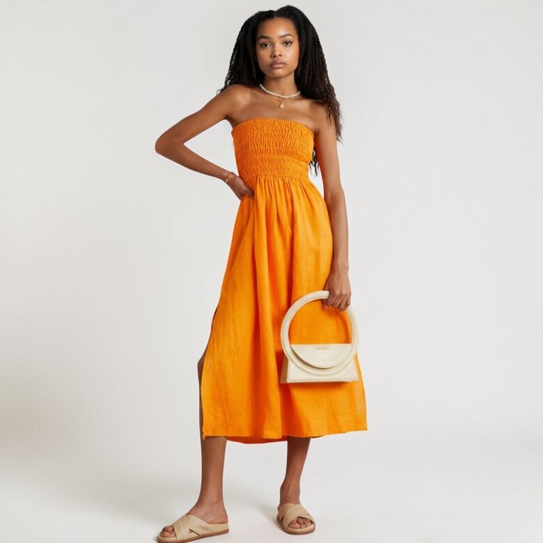 Review длинное, оранжевое платье, размер S