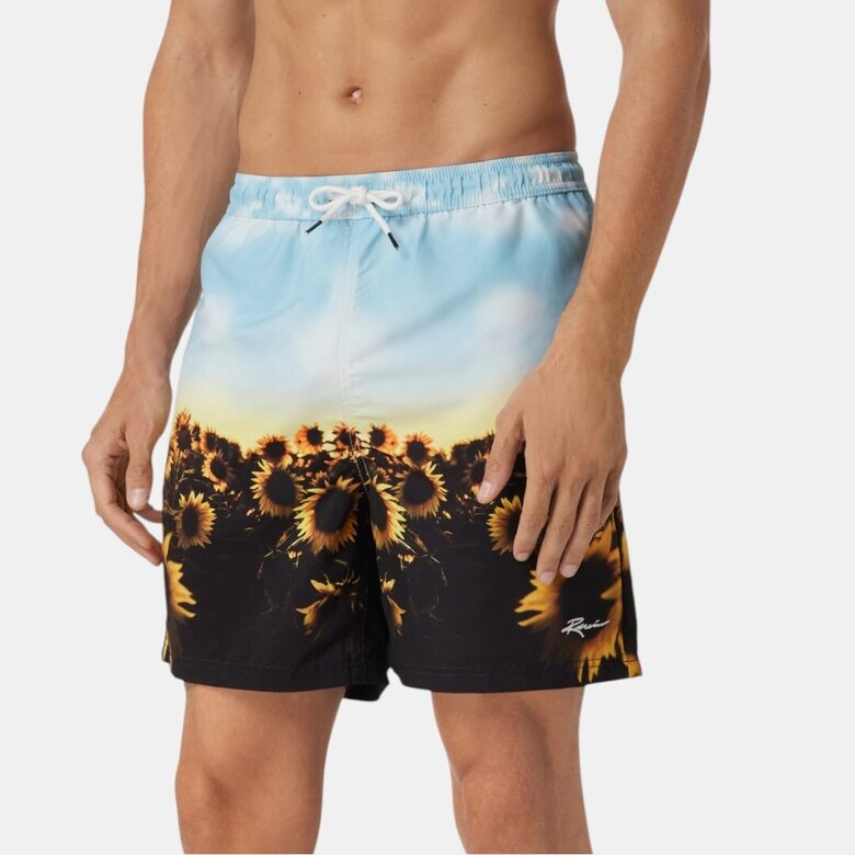 Review swim shorts with sunflowers, sizes M and L