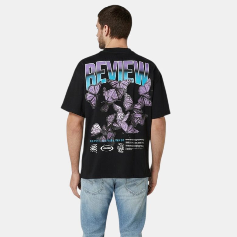 Review black T-shirt with print, sizes M and XL