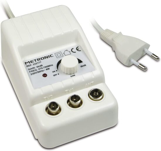 Комнатный телевизионный антенный усилитель для каналов TGT, 2 выхода с ТВ-разъемом 9,52 мм, Metronic - 332177