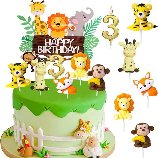 Safari meža dzīvnieku kūkas rotājumi, 3 gadu dzimšanas dienas dekors tortei, 7 gabali