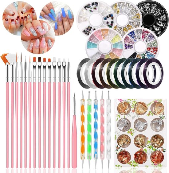 Набор для дизайна ногтей из 47 предметов: маникюрный, педикюрный, кисти, ручка, стразы, декоративная лента, наклейки
