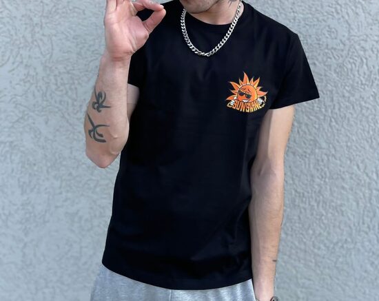 Black T-shirt with print, funny inscriptions, original T-shirt