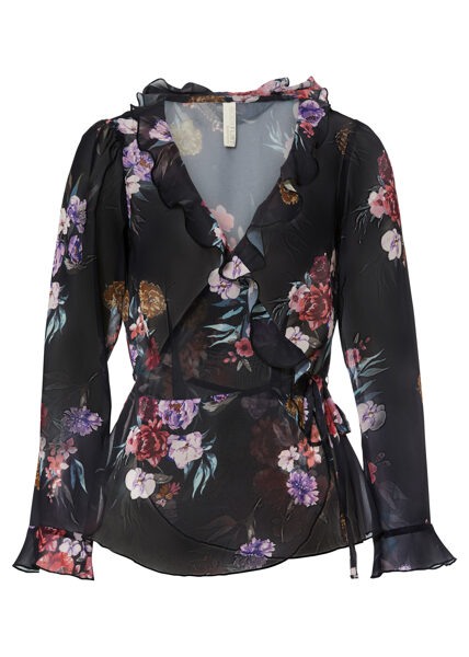 Black blouse with floral pattern, size 42